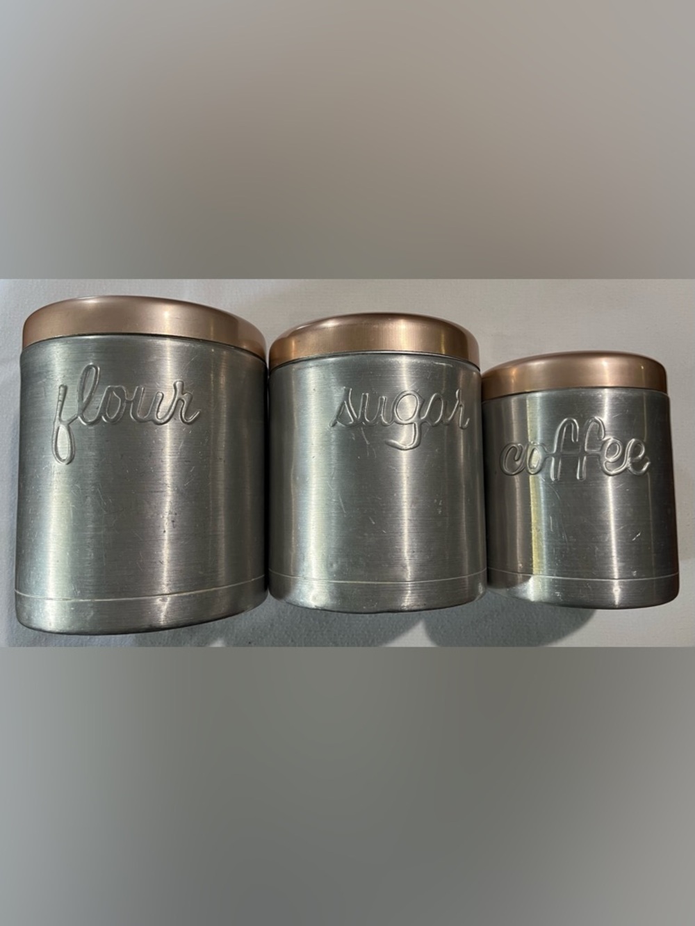 Aluminum Heller 1950s Hostess Canister Set Rose Gold Lids Flour Sugar Coffee
